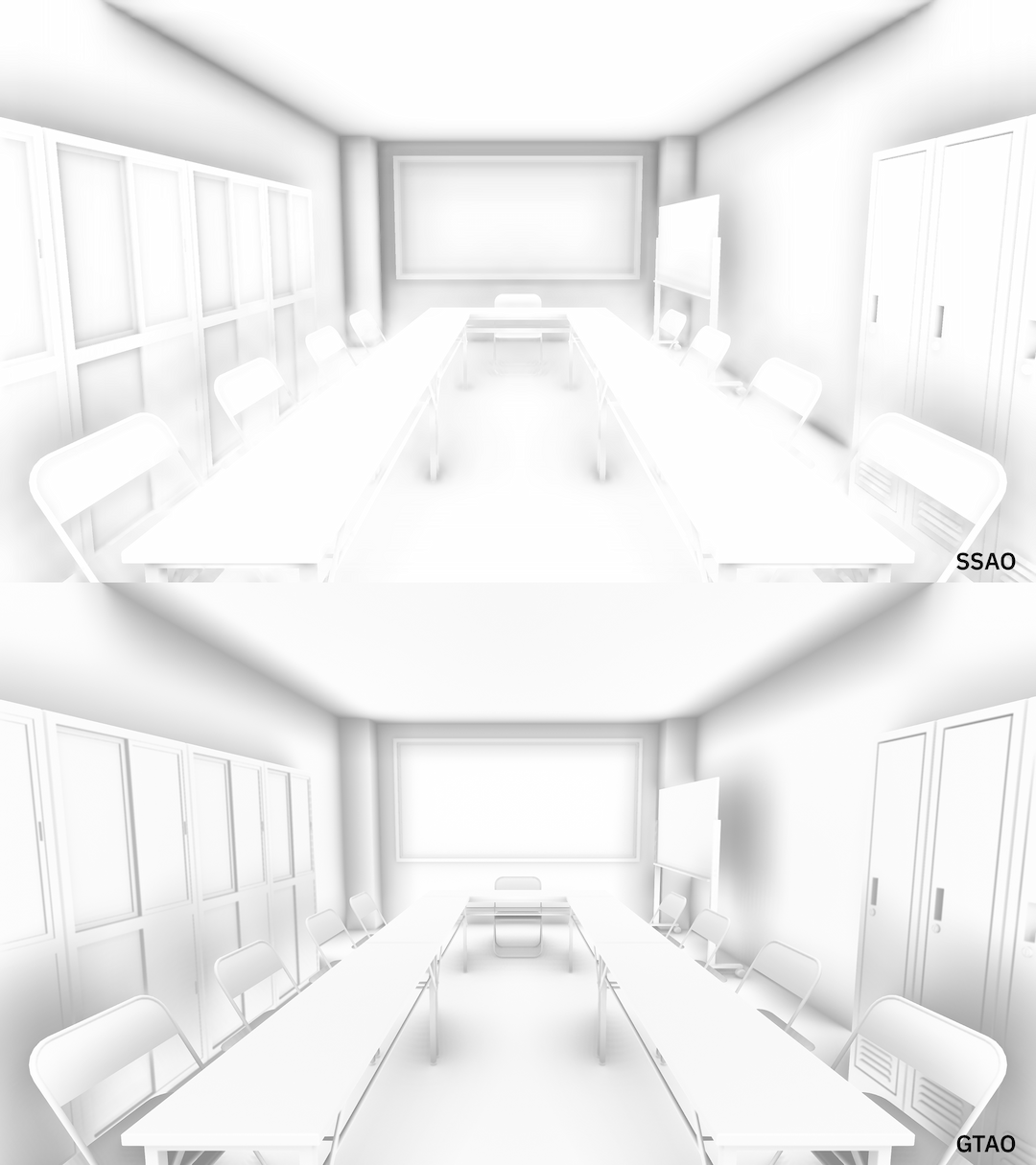 SSAOとGTAOの比較。GTAOのほうが狭い隙間や輪郭線をきちんと表現できている